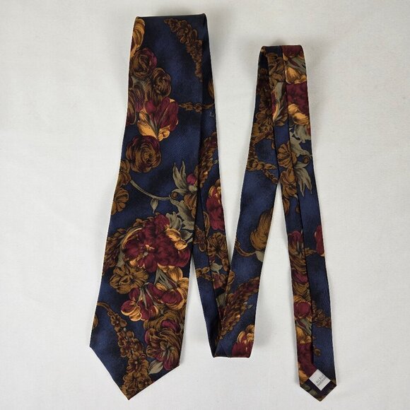 Pierre Cardin 100% Silk Men's Tie Red Gold Floral Pattern Navy Blue Background - Picture 2 of 9